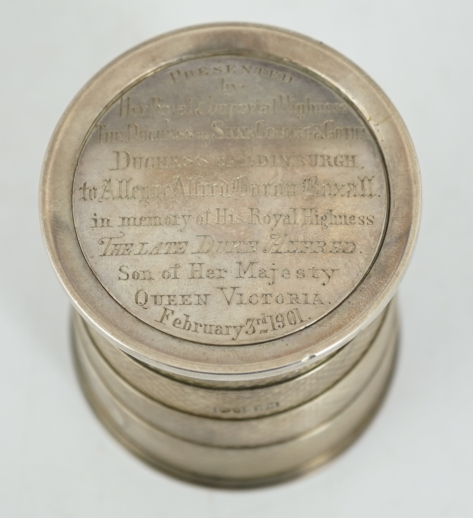 ROYAL INTEREST: A cased Victorian textured silver collapsible travelling cup, by Brownett & Rose, with later engraved inscription, 'Presented By Her Royal & Imperial Highness The Duchess of Saxe Coburg & Gotha Duchess of